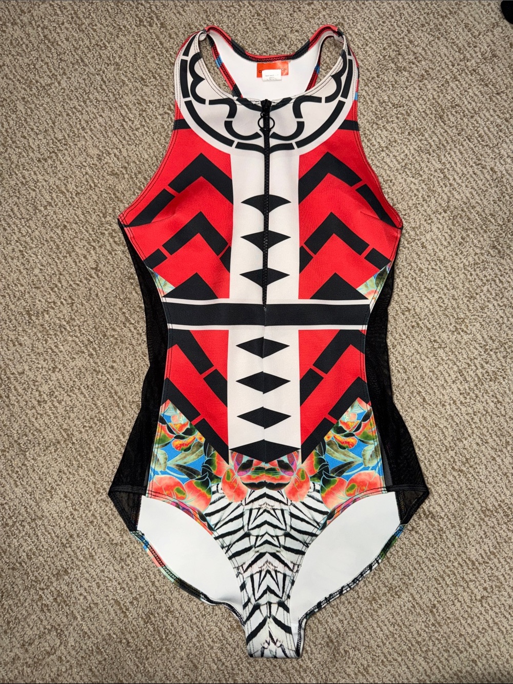 clover canyon one piece bathing suit scuba floral neoprene racerback printed zip